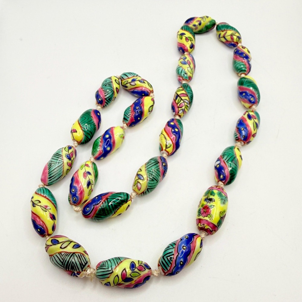 Vintage Majolica Folk Art Hand Painted Knotted Yellow Blue Ceramic Bead Necklace